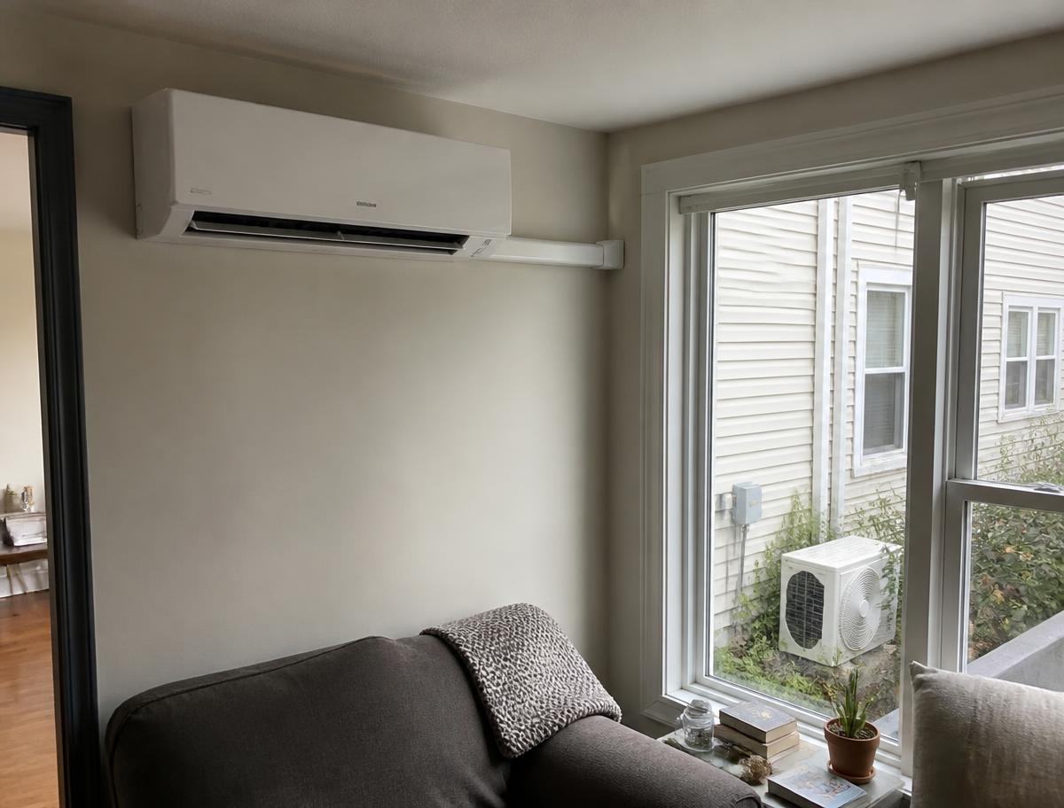 Ductless mini-split head mounted in a living room with the outdoor heat pump outside