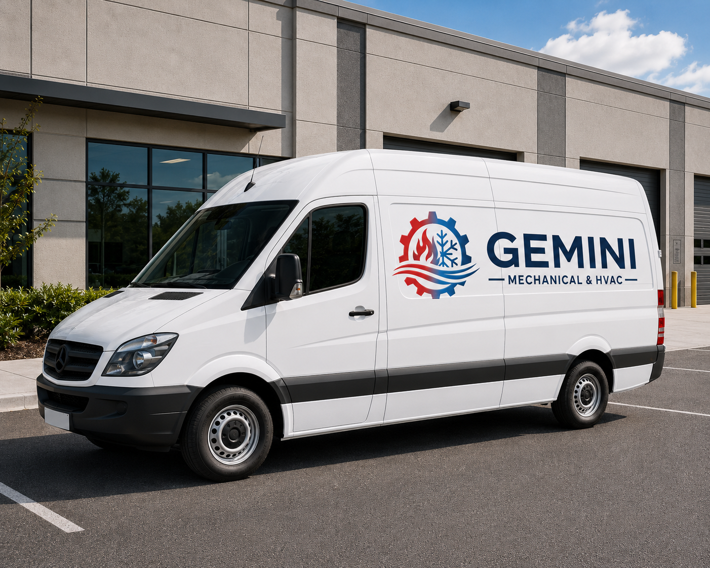 Gemini Mechanical & HVAC service van parked outside a commercial building