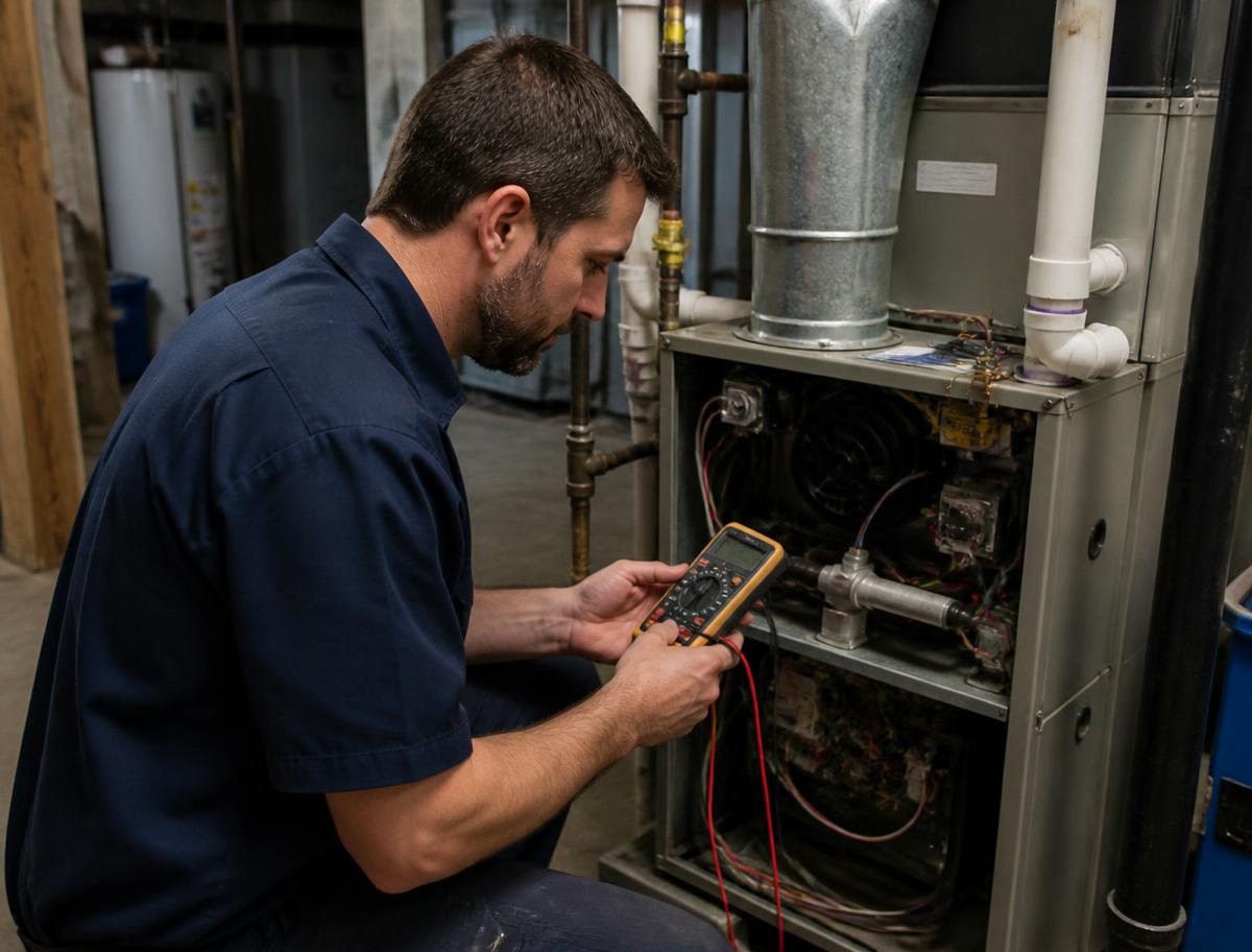 Technician performing a seasonal furnace tune-up with a multimeter